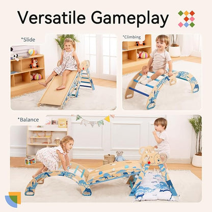 WINGYZ Pikler Triangle Set, Montessori Foldable 8-in-1 Jungle Gym with Reversible Animal Slide, Patent-Protected Climbing Set, Safe 2.35" Gap ASTM F963 Standards for Toddlers 18 Months-7 Years (Blue)