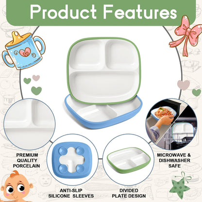 Domensi Kids Porcelain Plates with Silicone Sleeves 8.2 Inch Divided Porcelain Plate Toddler White Suction Dishes for Baby Troubleless Eating Microwave Dishwasher Safe(Stylish,3 Set)