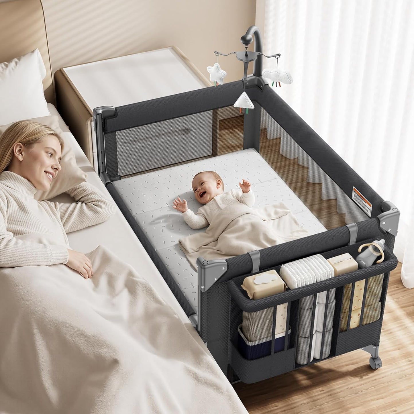 GAIVE 4 in 1 Baby Bassinet, One-Push Setup Pack and Play, Bedside Crib Sleeper with 3 Height Adjustable，Diaper Changer, Come with Comfy Mattress, Rotating Toy Bar, from Infants to Toddlers (Grey)