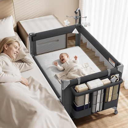 GAIVE 4 in 1 Baby Bassinet, One-Push Setup Pack and Play, Bedside Crib Sleeper with 3 Height Adjustable，Diaper Changer, Come with Comfy Mattress, Rotating Toy Bar, from Infants to Toddlers (Grey)