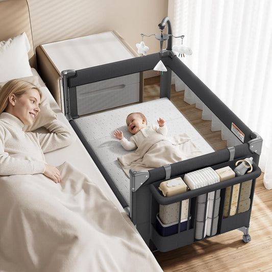 GAIVE 4 in 1 Baby Bassinet, One-Push Setup Pack and Play, Bedside Crib Sleeper with 3 Height Adjustable，Diaper Changer, Come with Comfy Mattress, Rotating Toy Bar, from Infants to Toddlers (Grey)