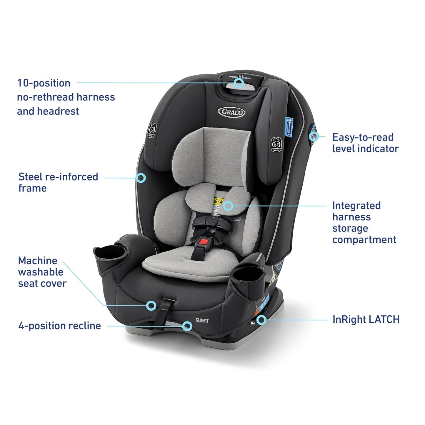 Graco Slimfit 3-in-1 Convertible Car Seat, Slim Car Seat with Space-Saving Design, Highback Booster Seat with 10-Position Headrest, Rear Facing and Forward Facing Carseat, Darcie