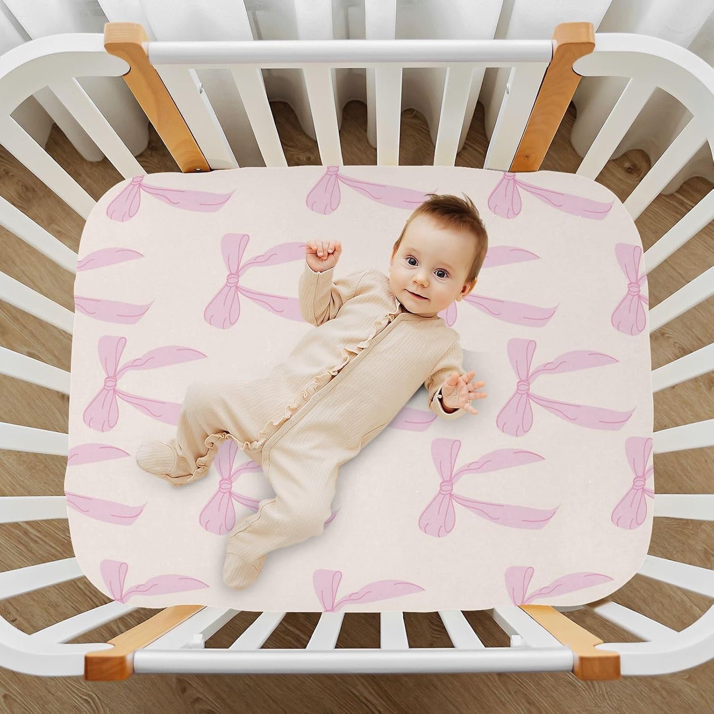 Fitted Crib Sheets Pink Checkered and Bows Stretchy Portable Playard Sheets for Baby Toddler, Breathable Soft Mini Crib Mattress 39 x 27 in for Boys and Girls