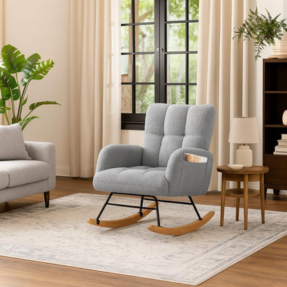 COMHOMA Nursery Rocking Chair with Ottoman,Teddy Glider Rocking Chair,Accent Chair with High Backrest Reading Chair for Adult,Nursery,Bedroom,Living Room,Offices(Beige with Ottoman)