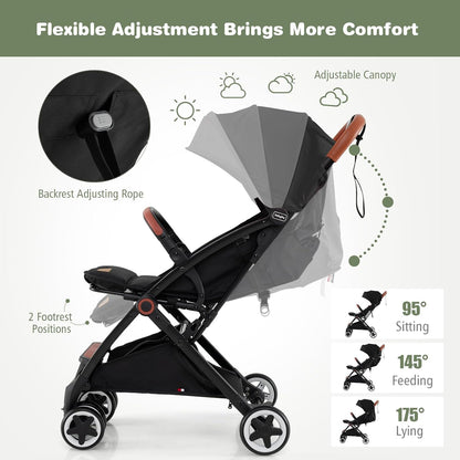 HOMGX Lightweight Baby Stroller, Compact Travel Stroller w/Ergonomic Seat, Spacious Basket, Adjustable Backrest, Oversized Canopy, Infant & Toddler Umbrella Stroller for Airplane, Travel (Black)