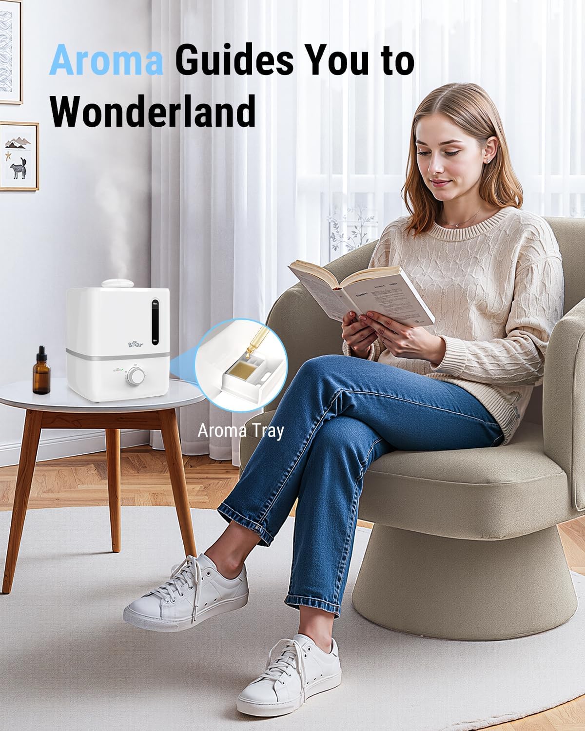 Bear Humidifiers for Bedroom, 2.5L Cool Mist Humidifiers and Oil Diffuser, Quiet Rapid humidifiers for Home Whole House, with Adjustable Mist Output and Auto Shut-off, White