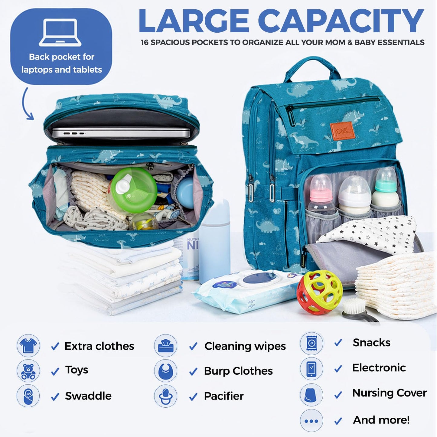 PILLANI Baby Diaper Bag Backpack - Large Waterproof Travel Diaper Bag for Boys & Girls, 16 Organizer Pockets with Changing Pad, Insulated Bottle Pockets & Stroller Straps, Baby Shower Gifts, Dinosaur