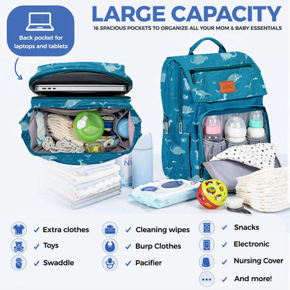 PILLANI Baby Diaper Bag Backpack - Large Waterproof Travel Diaper Bag for Boys & Girls, 16 Organizer Pockets with Changing Pad, Insulated Bottle Pockets & Stroller Straps, Baby Shower Gifts, Dinosaur