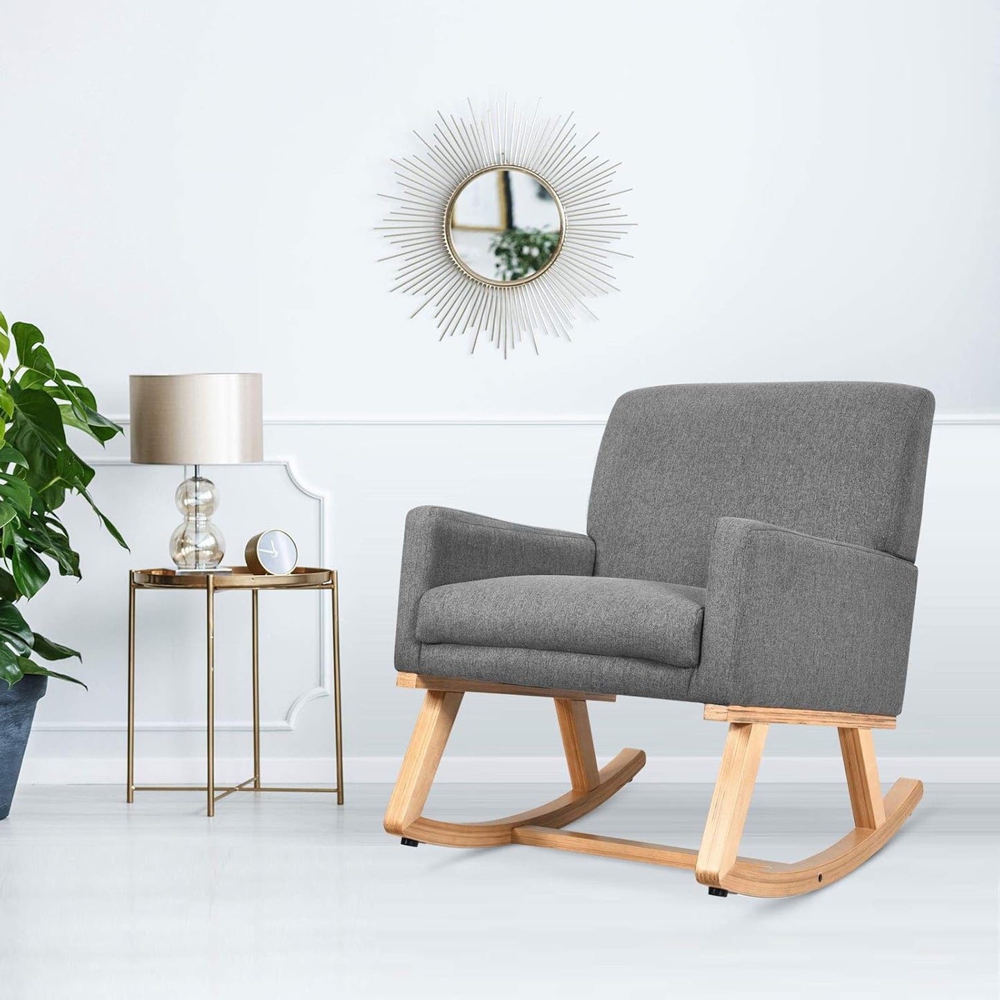 Giantex Upholstered Rocking Chair, Nursery Rocking Chair w/Widened Back, Machine-Washable Seat Cushion Cover, Solid Rubber Wood Frame, Glider Rocker Accent Chair for Living Room, Bedroom, Beige