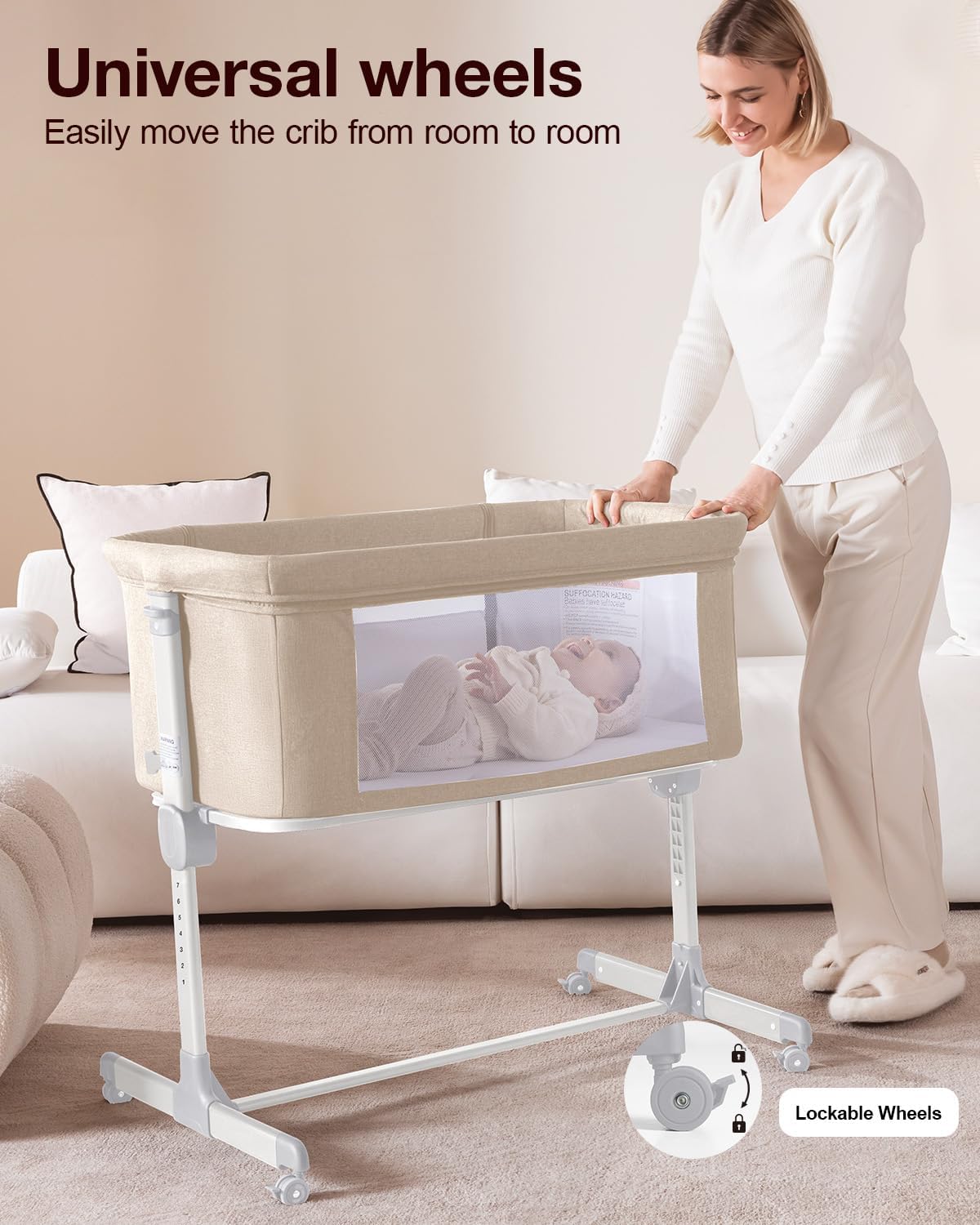 Larex Baby Bassinet, 3 in 1 Bassinets Bedside Sleeper Crib Sleeper for Newborn, Portable Crib Adjustable 7 Height Bedside Bassinet with Mattress and Movable Wheels，Breathable Mattress&Mesh(Dark Grey)