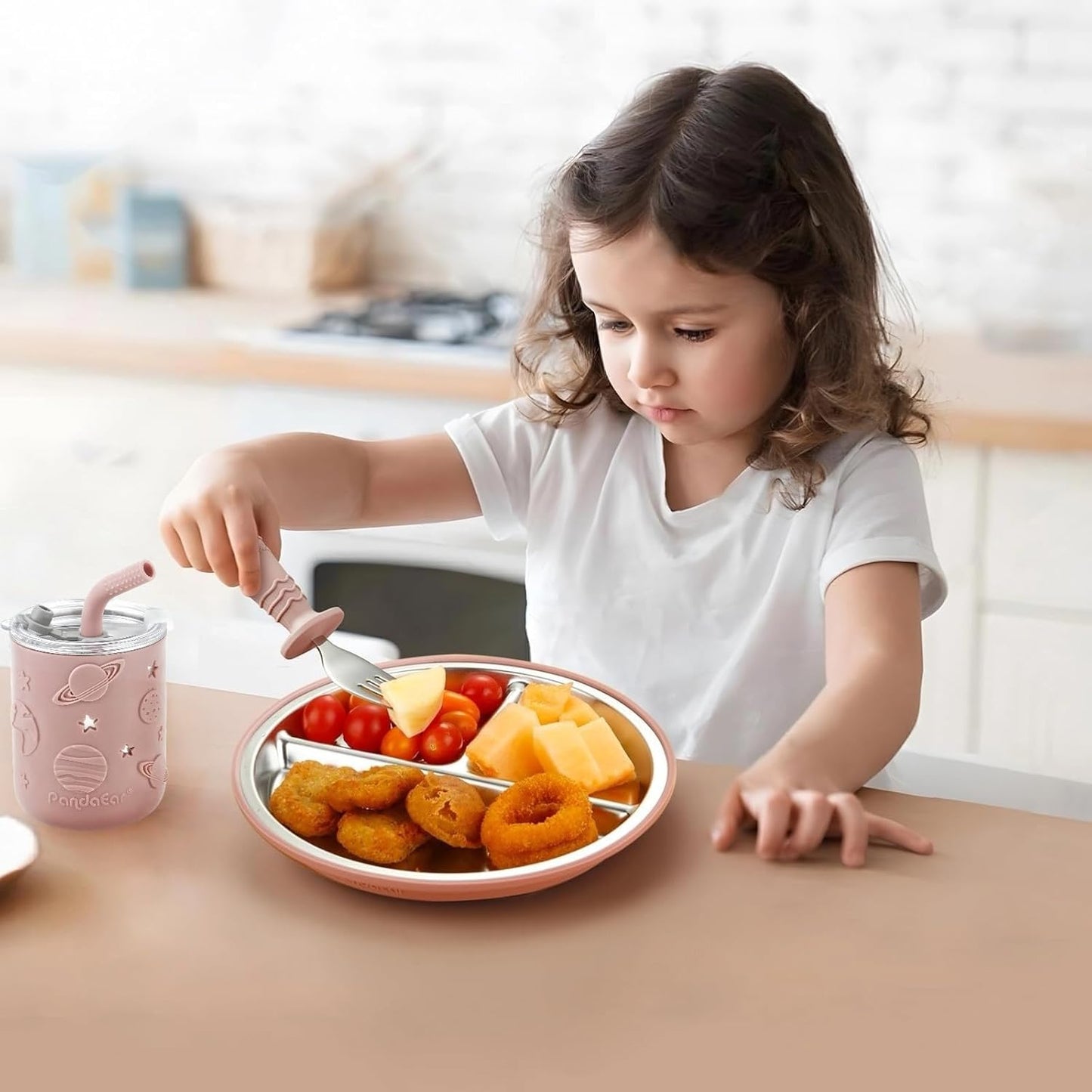 PandaEar 6-in-1 Stainless Steel Baby Feeding Set | Divided Suction Plate, Bowl, Sippy Cup with Straw, Bib, Spoon & Fork | BPA-Free Toddler Feeding Essentials for Self-Feeding (Blue)