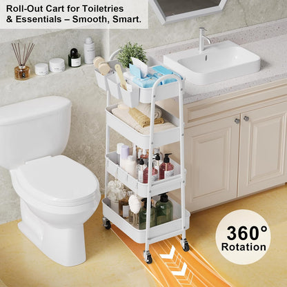 3 Tier Heavy Duty White Metal Rolling Cart with Lockable Wheels, Three Tier Roller Book Snack Cart, Utility Storage Organizer Carts for Kitchen, Bathroom, Garage, Baby Diaper, Craft, Art, Teacher