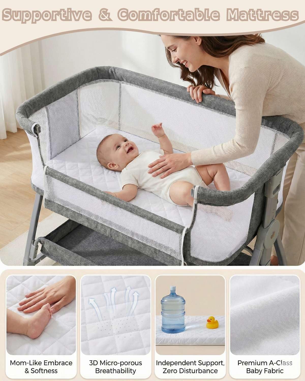 Bedside Bassinet for Baby, Sturdy 3 in 1 Bedside Sleeper with Mattress & Wheels, Height Adjustable, Breathable Mesh, Storage Basket, Easy to Assemble for Newborn, Grey