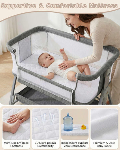 Bedside Bassinet for Baby, Sturdy 3 in 1 Bedside Sleeper with Mattress & Wheels, Height Adjustable, Breathable Mesh, Storage Basket, Easy to Assemble for Newborn, Grey
