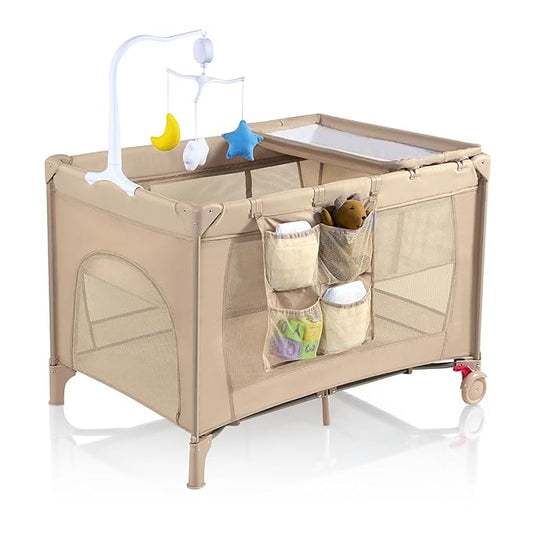 Pack and Play with Changing Table & Carry Bag, 4-in-1 Portable Crib Playpen for Newborn to Toddler, ASTM Certified Foldable Travel Crib with Bassinet(C-Khaki)