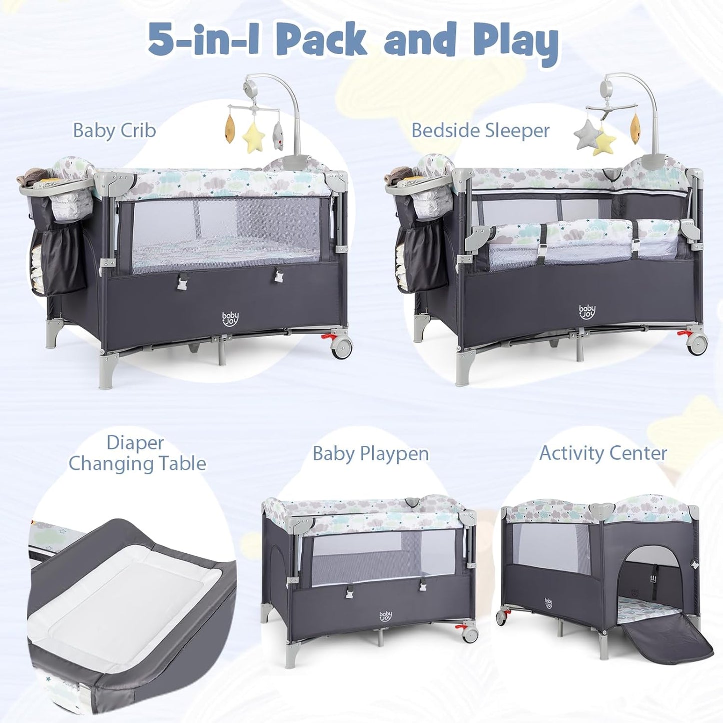 BABY JOY 5-in-1 Pack and Play, Portable Baby Bedside Sleeper with Bassinet, U-Shaped Diaper Changer, Safety Strap, Side Zipper Entrance, Hangings, Bedside Crib Playard from Newborn to Toddlers (Gray)