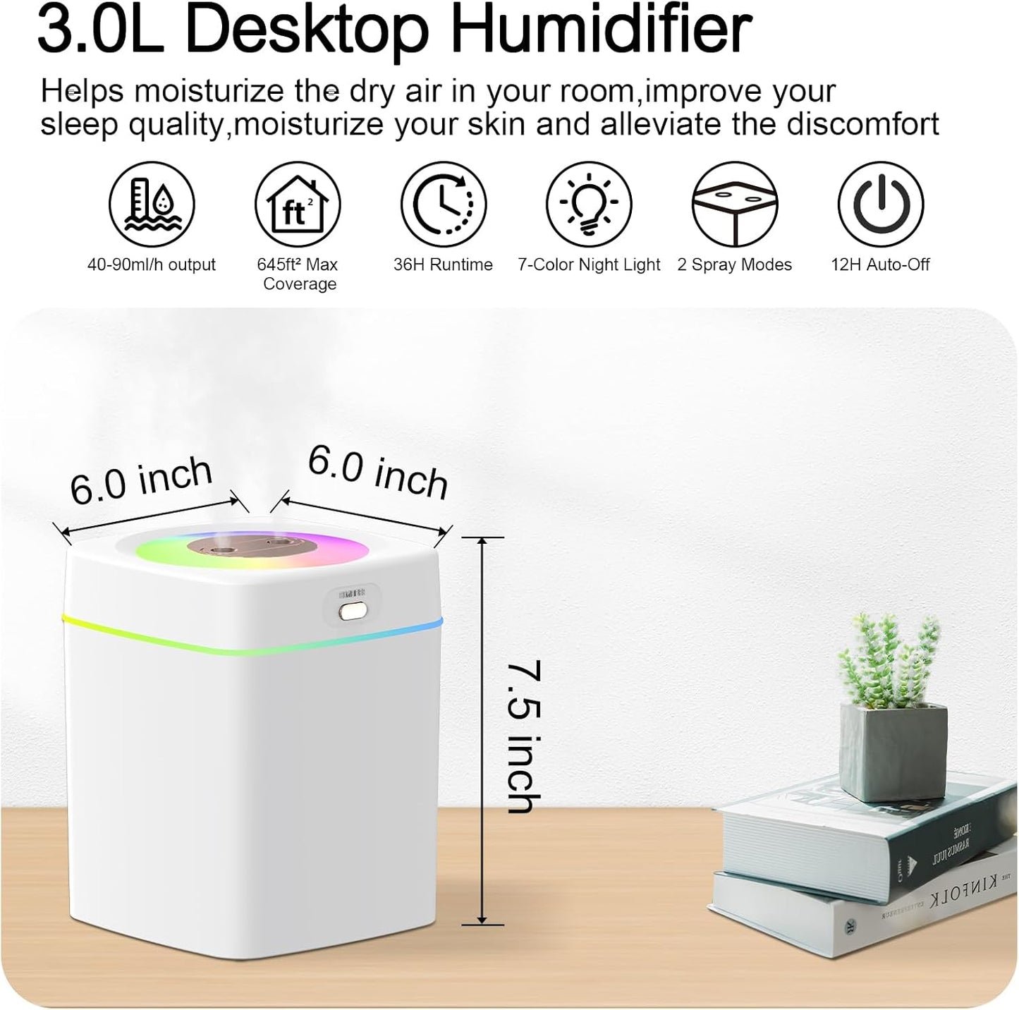 Humidifiers for Bedroom, 25dB Quiet Cool Mist Humidifier for Home, 2L Top Fill Tank for Large Room with 24H Runtime, Carry Handle, NightLight, 12H Auto Shut-off Safety for Nursery/Office/Plants