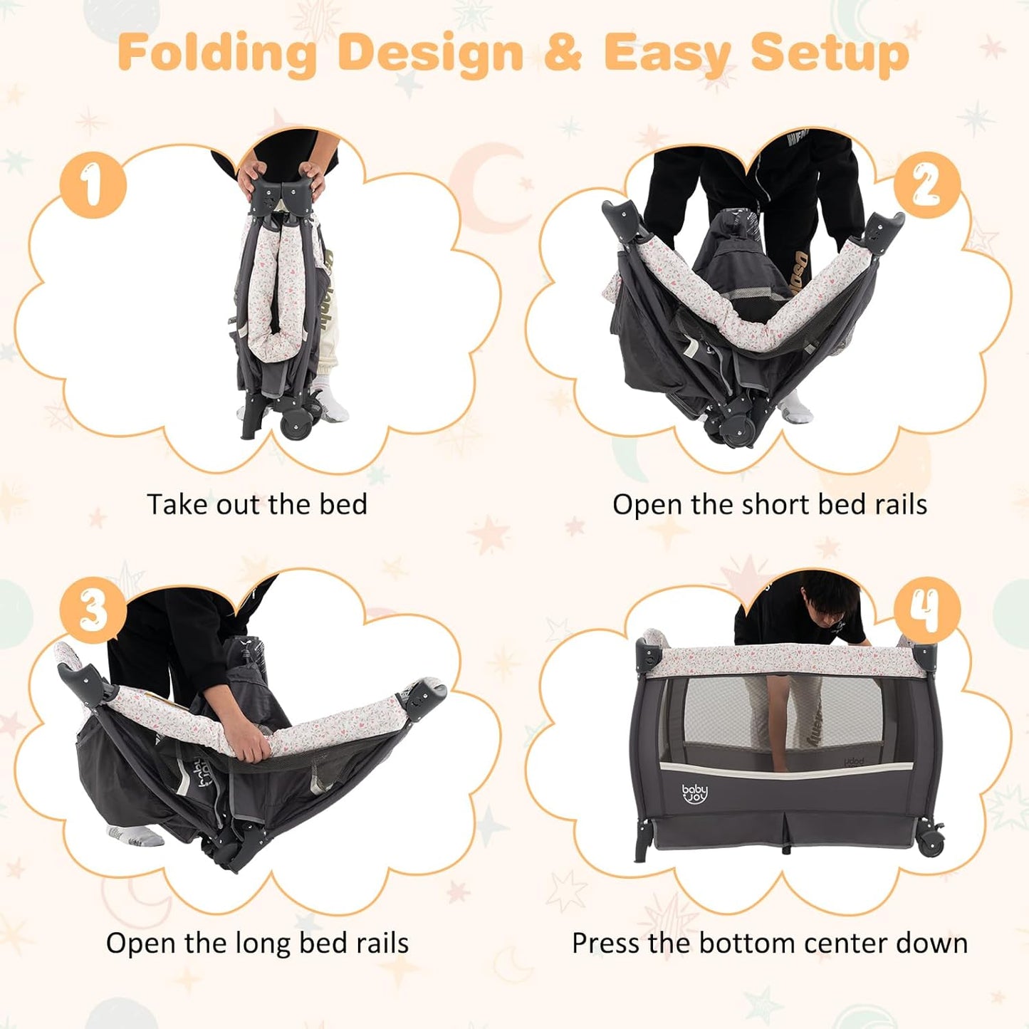BABY JOY 4 in 1 Pack and Play, Portable Baby Playard with Bassinet & Flip-Away Changing Table, Canopy, Portable Bedside Crib with Storage Basket, Oxford Bag, Infant Bassinet from Newborn to Toddlers
