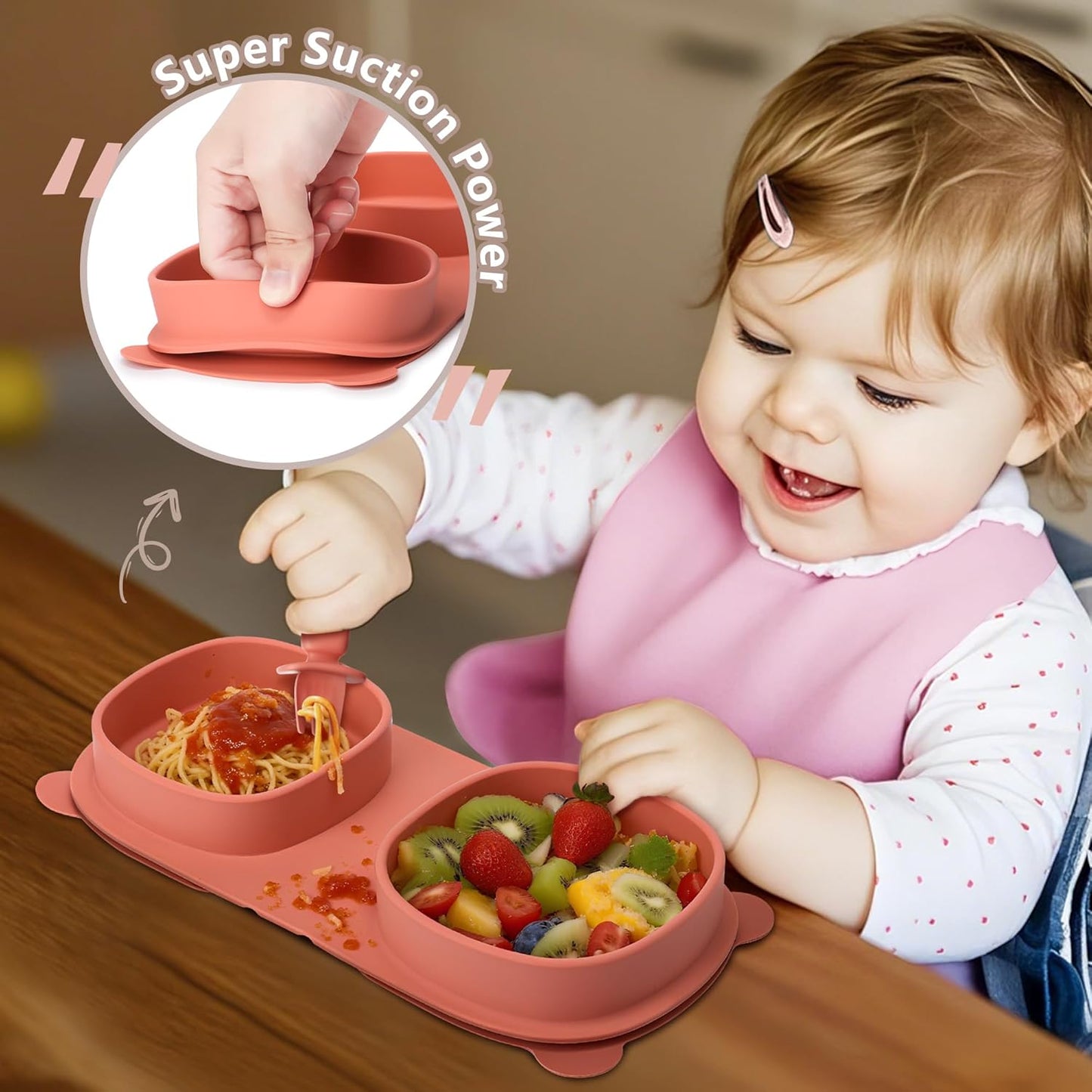 Baby Plates with Suction with Forks and Spoons, Foldable Silicone Toddler Plates, Baby Travel Essential, Microwave & Dishwasher Safe, Purple