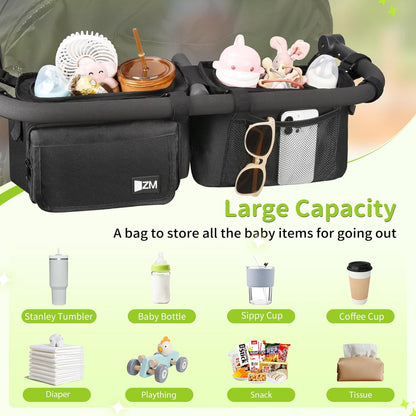 ZZM Double Stroller Organizer with 2 Cooler Pockets,Compatible for Bob Duallie, Jeep and Baby Jogger City Mini GT2, Double Baby Stroller Accessories, Parent Console Double Jogging Stroller Organizer