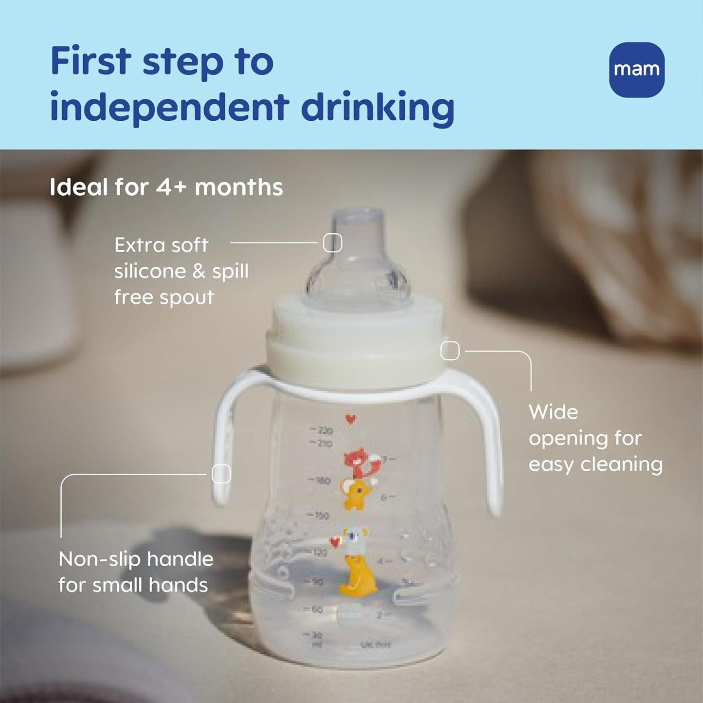 MAM 8 oz Trainer + Sippy Cup 2-Pack, 4+ Months 2-in-1 Baby Training Cup with Nipple & Silicone Spout, Spill Proof, BPA Free, Dishwasher Safe, Made In Europe