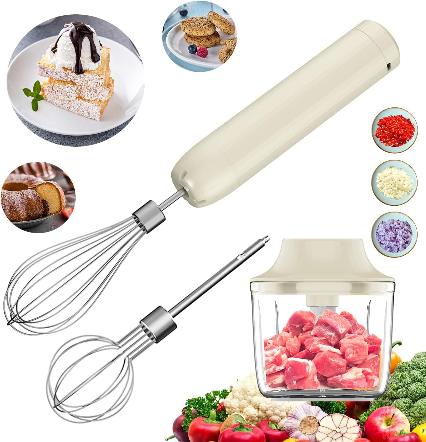 Hand Mixer with Whisk and Forther Wand,Electric Whisk, Milk Frother, Hand Held Mixers,Cordless Hand Mixer, Whisks for Cooking, Mini Mixer,Stirrers Electric,Food Chopper, Baby Food Maker,4-Speed, 10Oz