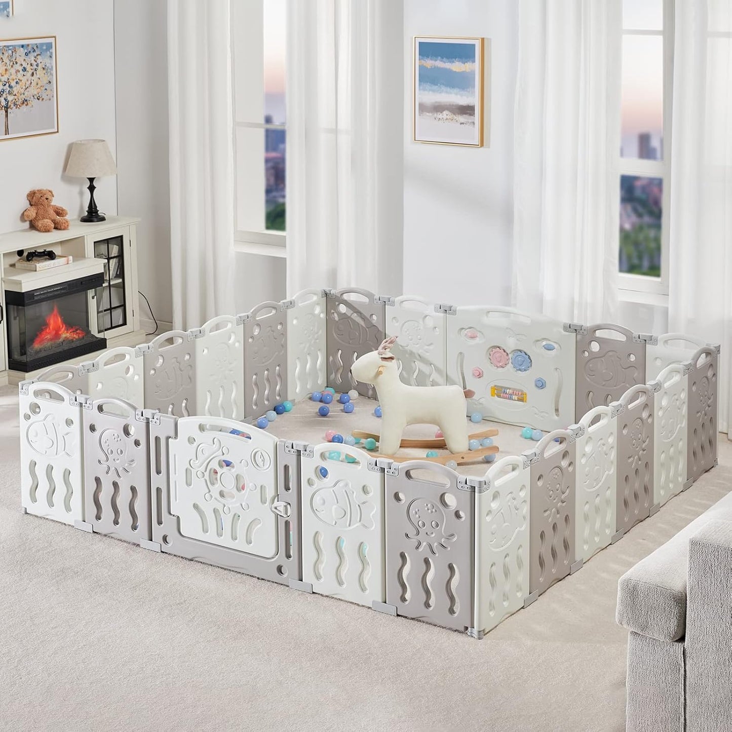 Albott Baby Fence Kid Playpen 18 Panel Albott Play Yard - Foldable Kids Safety Activity Center Playard Safety Lock Gate,Adjustable Shape, Portable Design for Indoor and Outdoor (18 Panel, Grey+White)