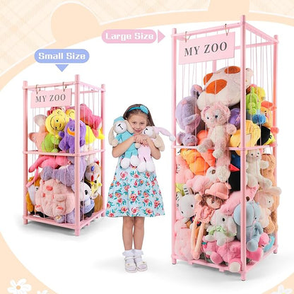GLDZI Stuffed Animal Storage Zoo, Wooden Stuffed Animal Organizer with Elastic Cords for Boys Girls, Space Saving Toy Plushies Storage Holder for Playroom, Bedroom, Living Room (Pink, Large)