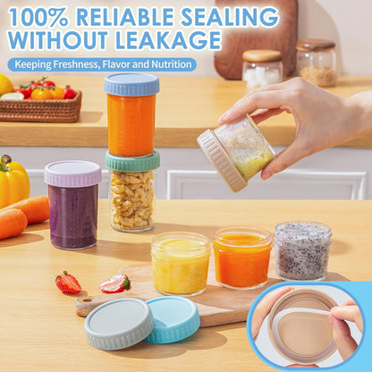 DRKIO 6 Pack Glass Baby Food Storage Containers - 4 Oz Baby Food Jars with Lids Baby Food Maker Microwave Dishwasher Freezer Safe 100% Leak Proof BPA Free Reusable