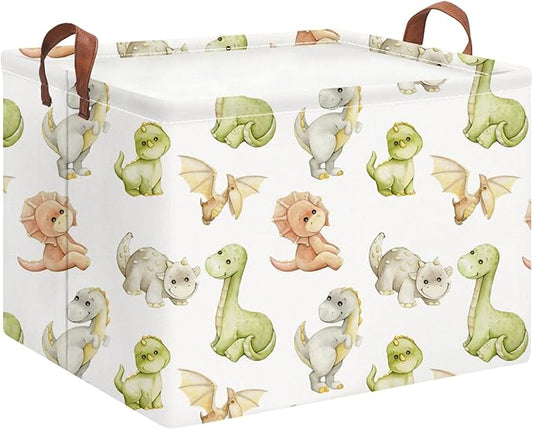 Rectangle Storage Basket with Handles,Collapsible Storage Bin,Books Box,Gift Basket(Watercolor Dinosaur)
