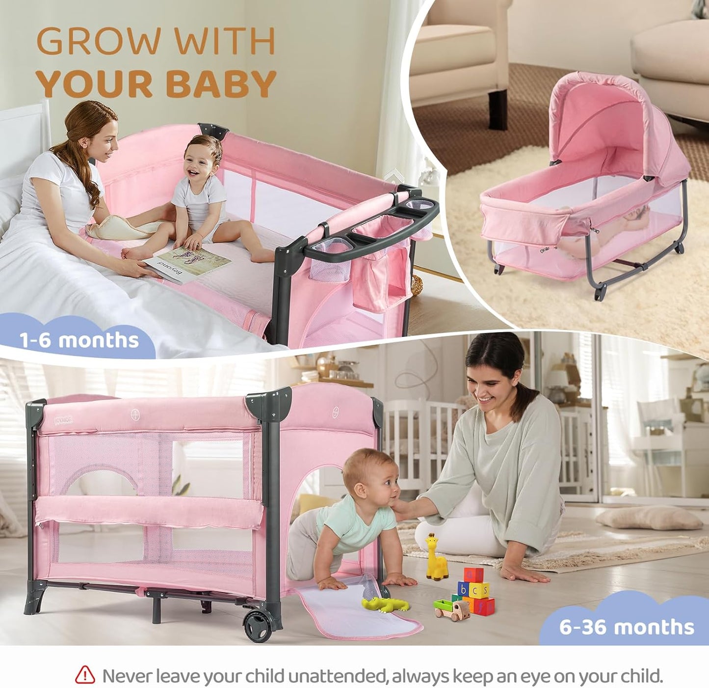 JOYMOR Twin Bassinet for Baby, Beige Bedside Bassinet, Convertible to Bedside Sleeper and Playpen, with Wheel, Brake, Foldable Side Sleeper,Beige