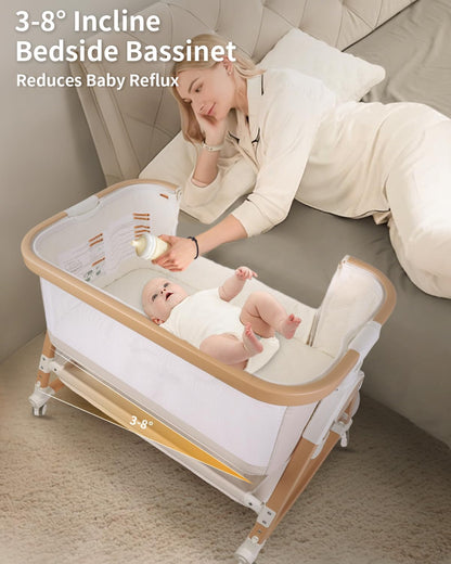 suihuooo 4 in 1 Baby Bassinet, Bassinets Bedside Sleeper with Wheels and Storage Basket, Adjustable 7 Heights Bedside Sleeper with Mosquito Net, Breathable Mesh Rocking Bassinet for Baby