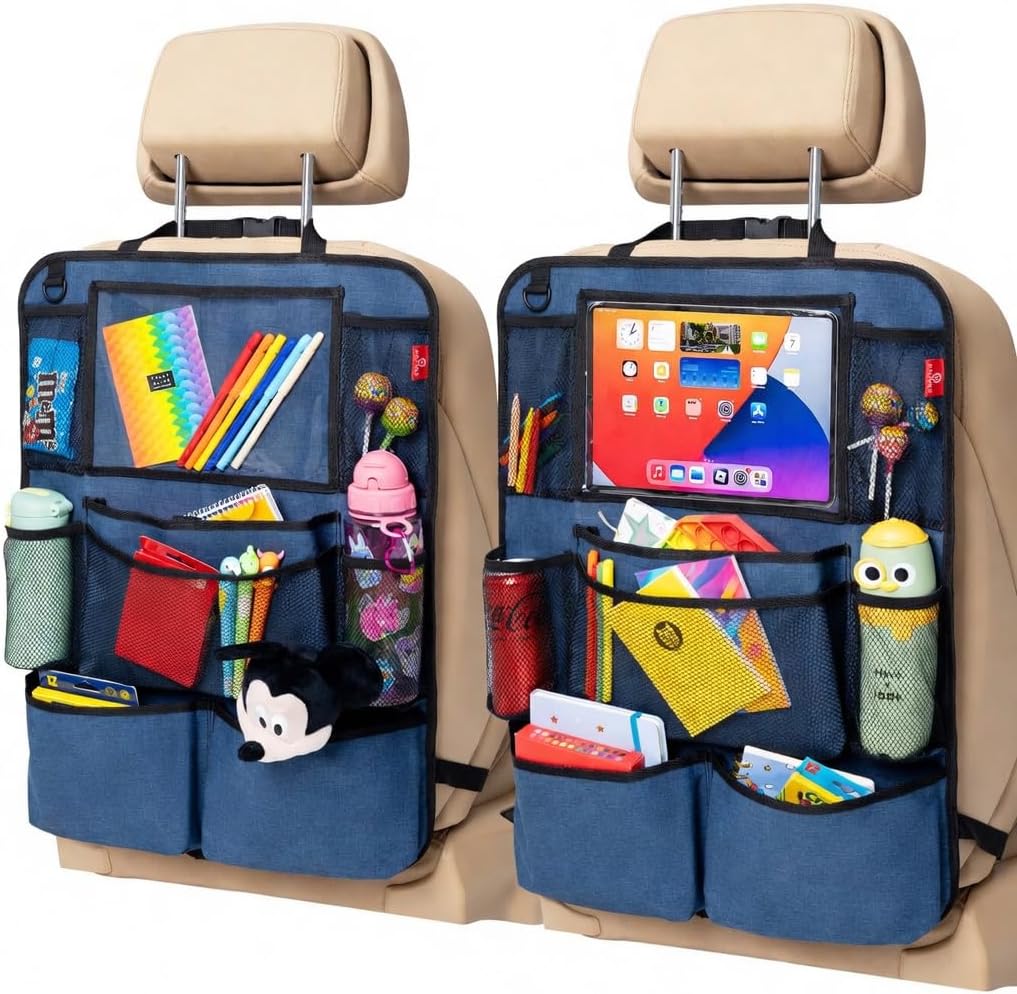 Helteko Backseat Car Organizer, Kick Mats Back Seat Protector with Touch Screen Tablet Holder, Back Seat Organizer for Kids with 9 Storage Pockets, Travel Accessories (2 Pack, Violet)