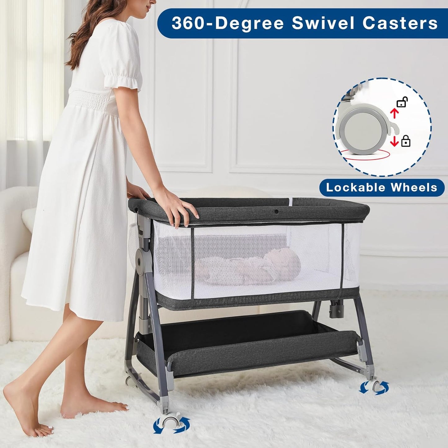 Jixrolyn 3 in 1 Baby Bassinet Bedside Sleeper, Height Adjustable Bedside Bassinet for Newborn and Infant with Mattress, Storage Basket, and Wheels (Grey)