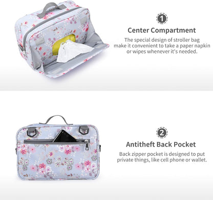 GOGOSO Baby Stroller Organizer Bag with Insulated Pocket, Universal Fit Most Strollers, Space for Diapers, Wipes & Toys, Flowers