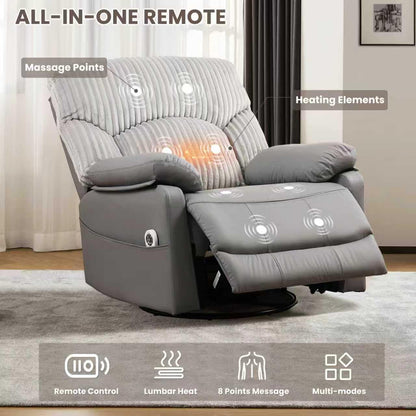 GRAINELL Oversize Power Swivel Recliner, 40in Wide Electric Glider Rocking Chair with Headrest Adjustment, USB Port, 270° Swivel, Rock 30° – for Living Room, Nursery, Black (5" 7' to 6" 1' Height)