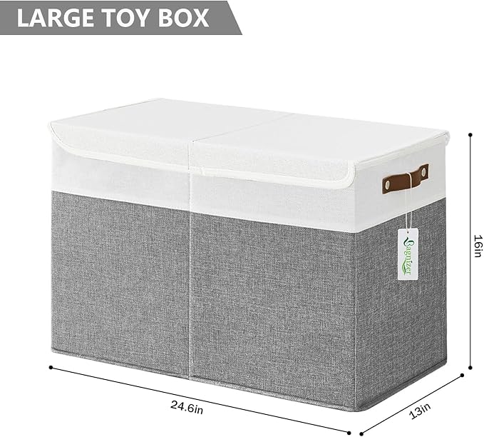 Bagnizer Large Toy Storage Box with Lids, Collapsible Sturdy Baby Storage Organizer Chest Bin Basket for Kids, Boys, Girls, Playroom, Nursery, Bedroom, Closet 25"x13"x16" (Gray and White)