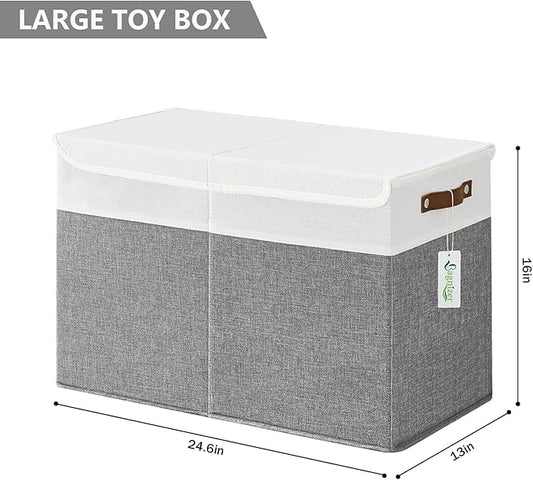 Bagnizer Large Toy Storage Box with Lids, Collapsible Sturdy Baby Storage Organizer Chest Bin Basket for Kids, Boys, Girls, Playroom, Nursery, Bedroom, Closet 25"x13"x16" (Gray and White)