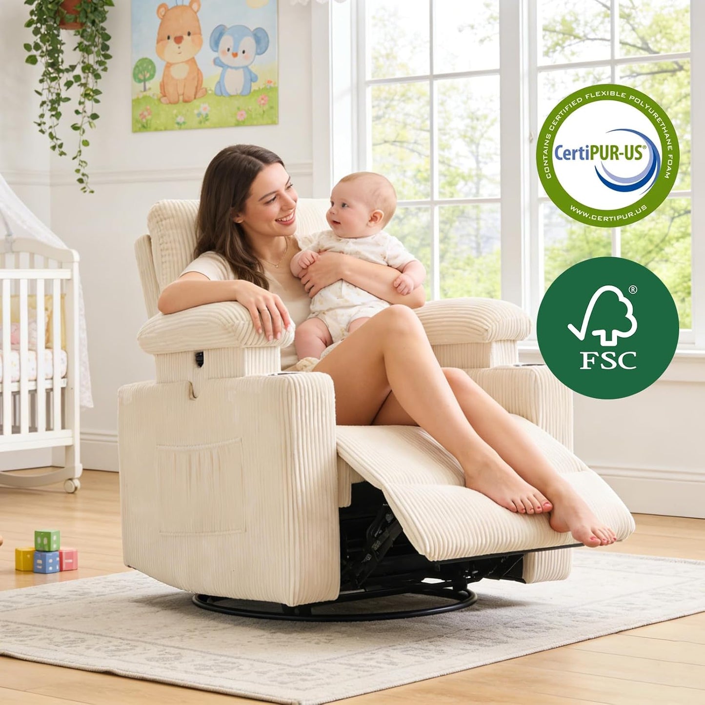 Rocking Chair Nursery with Adjustable Armrest for Breastfeeding, Glider Recliner Nursery Chair with Massage and Heat, Power Swivel Rocker Recliner with Adjustable Headrest, Corduroy, Beige
