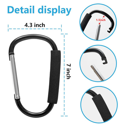 Baby Stroller Hooks for Hanging Diaper Bags, 7" Large Stroller Clip, 2 Pack Stroller Hooks for Hanging Bags and Shopping, Stroller Accessories for Mommy, Large Carabiner,Organizer of walker accessorie