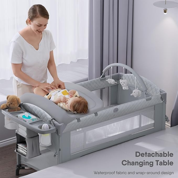 Obee Odee 4 in 1 Baby Bassinet, Pack and Play, Bedside Crib Sleeper, Diaper Changer - Comes with Mattress, Mosquito Net，Bottom Storage and Toy Bar for Newborn to Toddles