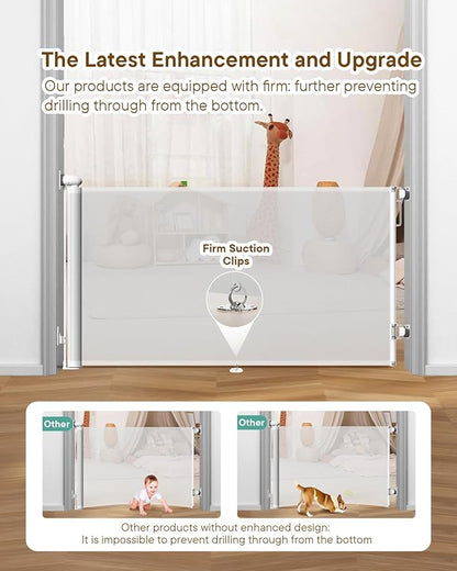 Retractable Baby Gate for Stairs - 55" Wide Mesh Dog Gate Indoor, Two-Step Safety Lock, 34" Tall Child Gate for Doorways, Hallways, Deck, Indoor Outdoor Garage, White