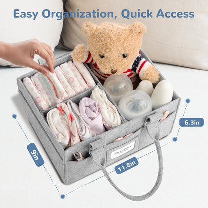Diaper Caddy Organizer, Newborn Essetials Must Haves, Baby Registry Search and Other Baby Stuff, Collapsible Baby Basket with Handle and a Photo Frame, Grey, 11.8 x 6.3 x 9.0 inch