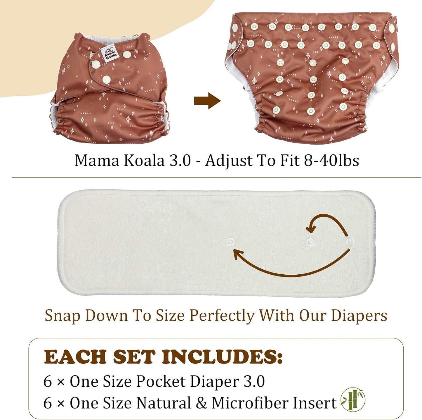 MK 3.0 Baby Cloth Diapers with 6 Inserts Bundle, with Bboo Liners, 5-Layer Bboo Inserts (6 Pack), Wet Bags and Pail Liners.