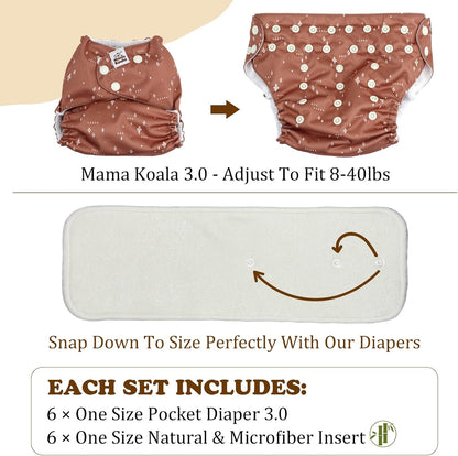 Mama Koala 3.0 Baby Cloth Diapers with 6 Inserts Bundle, with 2 Pack Reusable and Washable Waterproof Pail Liners