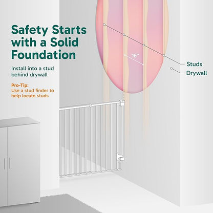 Cumbor 34" Extra Tall No Bottom Bar Baby Gate for Stairs, Wall Mounted Dog Gate Indoor for Larger Pets, Expandable 29.2-43" Safety Gate for Doorways, Wide Walk Thru Door for Easy Access (White)