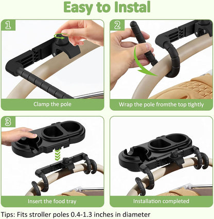 JACZZO Universal Stroller Snack Tray with 3 Detachable Silicone Bowls, Anti-Slip Silicone Grips & Cup Holder, Stroller Attachment for Nuna, Uppababy, Travel Essentials for Baby, Stroller Accessories