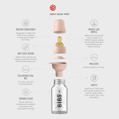 BIBS Baby Glass Bottle. Anti-Colic. Round Natural Rubber Latex Nipple. Supports Natural Breastfeeding, Complete Set - 110 ml, Cloud