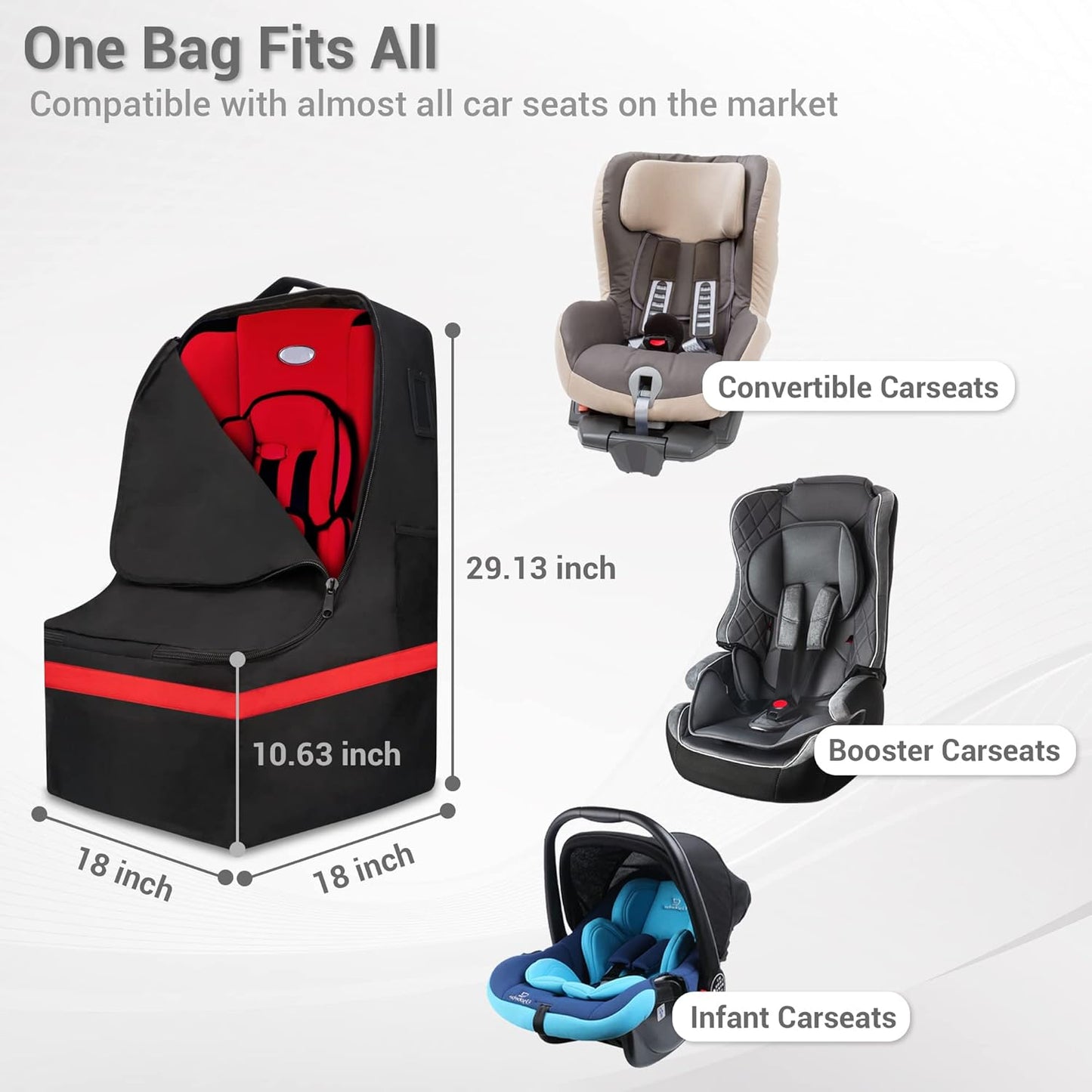 Car Seat Travel Bag - Padded, Comfortable, Durable, Roomy Gate Check Carseat Cover Backpack Fits 3-in-1，Convertible, Booster & Infant Car Seats for Airplane, Airport, Gray