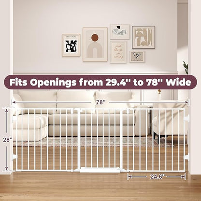 78" Extra Wide Baby Gate, Dog Gates Indoor for Doorways Stairs, Essential Safety Gate for Child, Hardware Mounted Adjustable Pet Gate with Anti-Trip Pedal, 28'' Tall 3 Metal Panels White